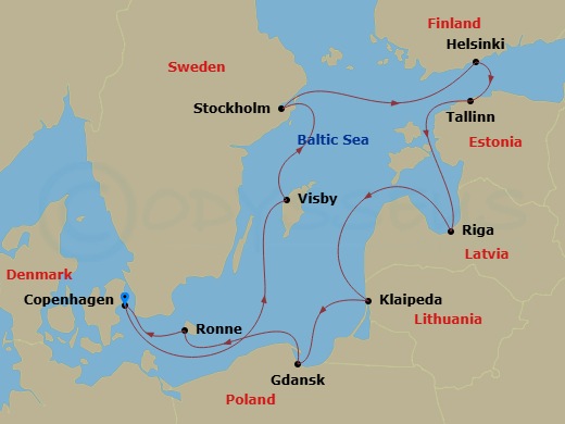 Route map: Copenhagen → Visby → Stockholm → Helsinki → Tallinn → Riga → Klaipeda → Gdansk → Ronne, Bornholm → Copenhagen