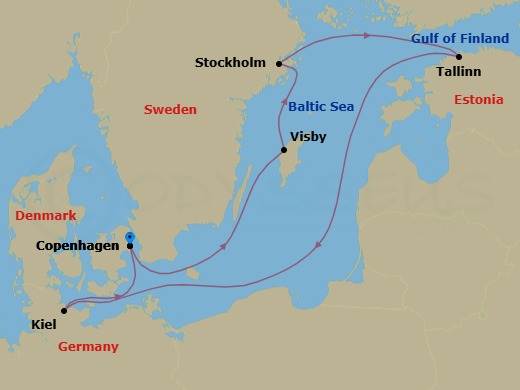 Route map: Copenhagen → Visby (Gotland) → Stockholm → Tallinn → Kiel → Copenhagen