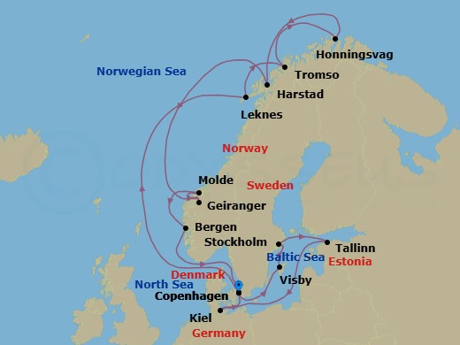 Route map: Copenhagen → Visby (Gotland) → Stockholm → Tallinn → Kiel → Copenhagen → Leknes (Lofoten Islands) → Tromso → Honningsvag (Nordkapp) → Harstad