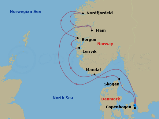 Route map: Copenhagen → Flam → Nordfjordeid → Bergen → Leirvik → Mandal → Skagen → Copenhagen