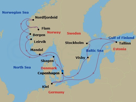 Route map: Copenhagen → Flam → Nordfjordeid → Bergen → Leirvik → Mandal → Skagen → Copenhagen → Visby (Gotland) → Stockholm