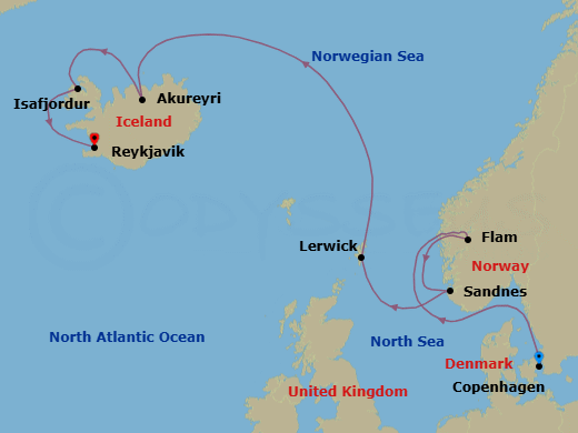 Route map: Copenhagen → Flam → Sandnes → Lerwick (Shetland Islands) → Akureyri → Isafjordur → Reykjavik