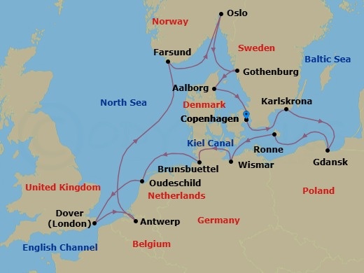 Route map: Copenhagen, Denmark → Karlskrona, Sweden → Gdansk, Poland → Ronne (Bornholm), Denmark → Wismar, Germany → Oudeschild (Texel), Netherlands → Dover (London), England, UK → Antwerp, Belgium → Farsund, Norway → Oslo, Norway