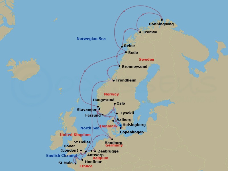 Route map: Copenhagen, Denmark → Helsingborg, Sweden → Lysekil, Sweden → Oslo, Norway → Farsund, Norway → Stavanger, Norway → Hamburg, Germany → Antwerp, Belgium → Zeebrugge (Brussels), Belgium → Honfleur, France