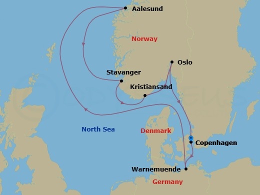 Route map: Copenhagen Denmark → Warnemunde (Berlin) Germany → Alesund Norway → Stavanger (Lysefijord) Norway → Kristiansand Norway → Oslo Norway → Copenhagen Denmark