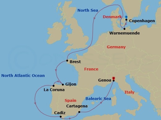Route map: Copenhagen Denmark → Warnemunde (Berlin) Germany → Brest France → Gijon Spain → La Coruna (Santiago de Compostela) Spain → Cadiz (Seville) Spain → Cartagena Spain → Genoa (Portofino) Italy