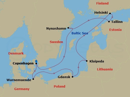 Route map: Copenhagen, Denmark → Warnemunde  Berlin, Germany → Gdynia  Gdansk, Poland → Klaipeda, Lithuania → Helsinki, Finland → Tallinn, Estonia → Nynashamn  Stockholm, Sweden → Copenhagen, Denmark