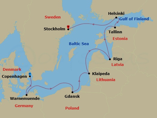 Route map: Copenhagen → Warnemunde → Gdansk → Klaipeda → Riga → Tallinn → Helsinki → Stockholm