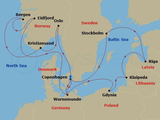 Route map: Copenhagen Denmark → Warnemunde (Berlin) Germany → Gdynia (Gdansk-Danzig) Poland → Klaipeda Lithuania → Riga Latvia → Stockholm Sweden → Copenhagen Denmark → Warnemunde (Berlin) Germany → Eidfjord Norway → Bergen Norway