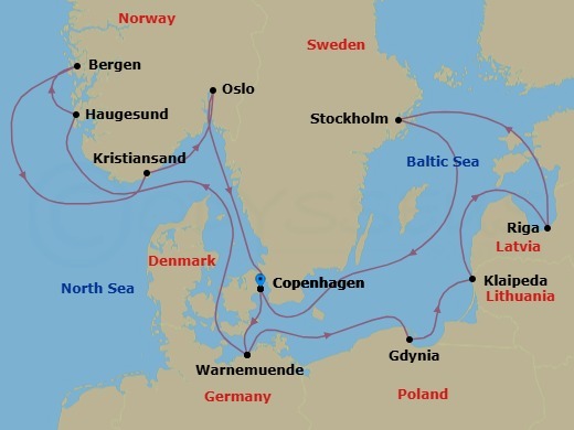 Route map: Copenhagen Denmark → Warnemunde (Berlin) Germany → Gdynia (Gdansk-Danzig) Poland → Klaipeda Lithuania → Riga Latvia → Stockholm Sweden → Copenhagen Denmark → Warnemunde (Berlin) Germany → Haugesund Norway → Bergen Norway