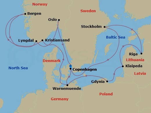 Route map: Copenhagen Denmark → Warnemunde (Berlin) Germany → Gdynia (Gdansk-Danzig) Poland → Klaipeda Lithuania → Riga Latvia → Stockholm Sweden → Copenhagen Denmark → Warnemunde (Berlin) Germany → Kristiansand Norway → Bergen Norway