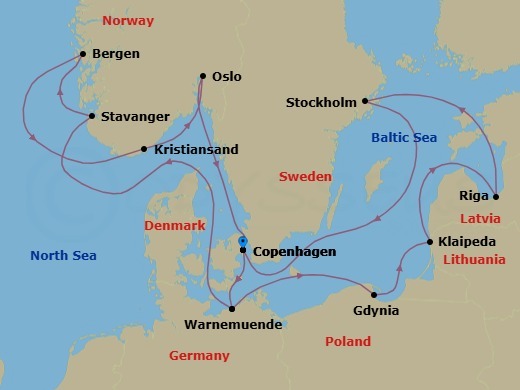 Route map: Copenhagen Denmark → Warnemunde (Berlin) Germany → Gdynia (Gdansk-Danzig) Poland → Klaipeda Lithuania → Riga Latvia → Stockholm Sweden → Copenhagen Denmark → Warnemunde (Berlin) Germany → Stavanger (Lysefijord) Norway → Bergen Norway