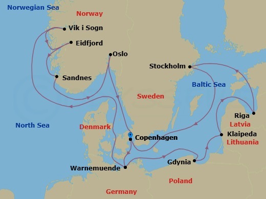 Route map: Copenhagen Denmark → Warnemunde (Berlin) Germany → Gdynia (Gdansk-Danzig) Poland → Klaipeda Lithuania → Riga Latvia → Stockholm Sweden → Copenhagen Denmark → Warnemunde (Berlin) Germany → Vik i Sogn Norway → Eidfjord Norway