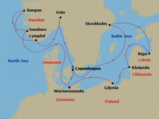 Route map: Copenhagen Denmark → Warnemunde (Berlin) Germany → Gdynia (Gdansk-Danzig) Poland → Klaipeda Lithuania → Riga Latvia → Stockholm Sweden → Copenhagen Denmark → Warnemunde (Berlin) Germany → Sandnes Norway → Bergen Norway