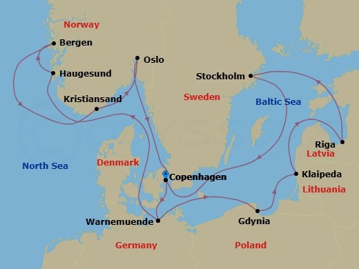 Route map: Copenhagen Denmark → Warnemunde (Berlin) Germany → Haugesund Norway → Bergen Norway → Kristiansand Norway → Oslo Norway → Copenhagen Denmark → Warnemunde (Berlin) Germany → Gdynia (Gdansk-Danzig) Poland → Klaipeda Lithuania