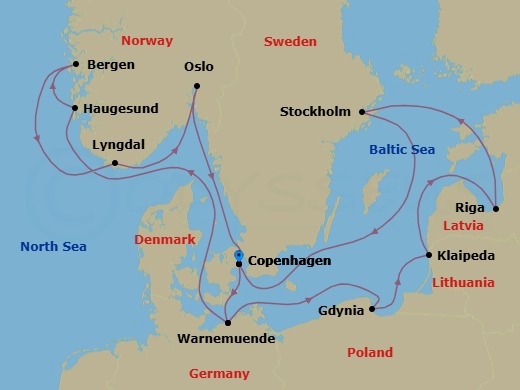 Route map: Copenhagen Denmark → Warnemunde (Berlin) Germany → Haugesund Norway → Bergen Norway → Lyngdal Norway → Oslo Norway → Copenhagen Denmark → Warnemunde (Berlin) Germany → Gdynia (Gdansk-Danzig) Poland → Klaipeda Lithuania