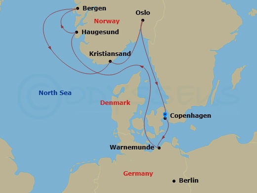 Route map: Copenhagen Denmark → Warnemunde (Berlin) Germany → Haugesund Norway → Bergen Norway → Kristiansand Norway → Oslo Norway → Copenhagen Denmark
