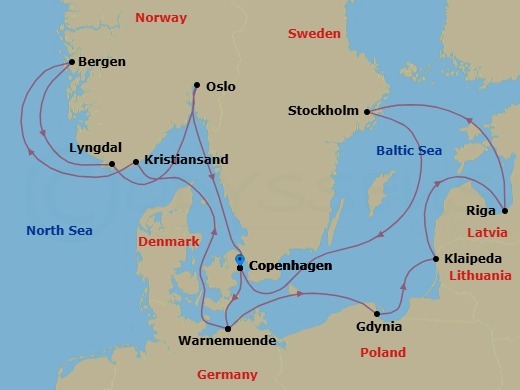 Route map: Copenhagen Denmark → Warnemunde (Berlin) Germany → Kristiansand Norway → Bergen Norway → Lyngdal Norway → Oslo Norway → Copenhagen Denmark → Warnemunde (Berlin) Germany → Gdynia (Gdansk-Danzig) Poland → Klaipeda Lithuania