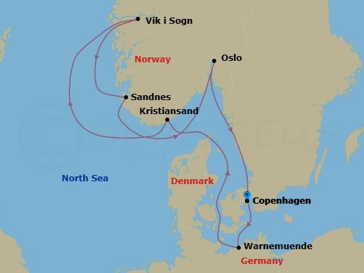 Route map: Copenhagen Denmark → Warnemunde (Berlin) Germany → Kristiansand Norway → Vik i Sogn Norway → Sandnes Norway → Oslo Norway → Copenhagen Denmark