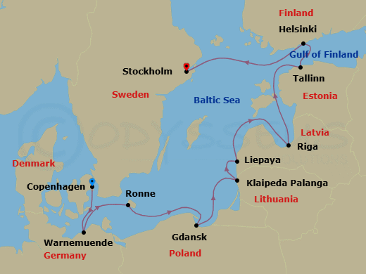 Route map: Copenhagen → Berlin (Warnemunde) → Ronne (Bornholm) → Gdansk (Gdynia) → Klaipeda → Liepaja → Riga → Tallinn → Helsinki → Stockholm