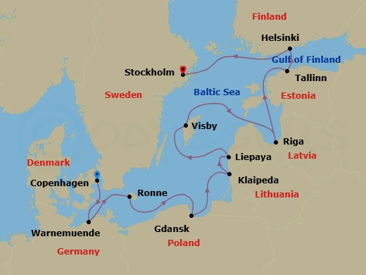 Route map: Copenhagen → Berlin (Warnemunde) → Ronne (Bornholm) → Gdansk (Gdynia) → Klaipeda → Liepaja → Visby → Riga → Tallinn → Helsinki