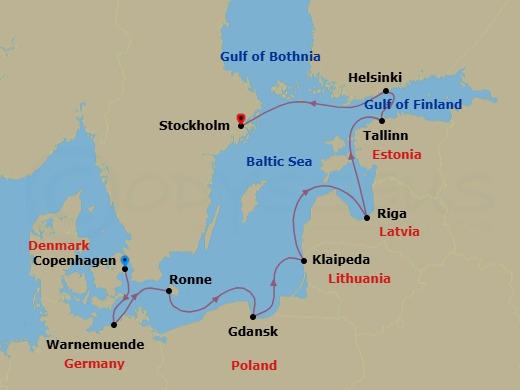Route map: Copenhagen → Berlin (Warnemunde) → Ronne, Bornholm → Gdansk → Klaipeda → Riga → Tallinn → Helsinki → Stockholm