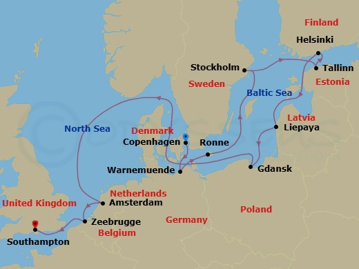 Route map: Copenhagen → Berlin (Warnemunde) → Ronne → Stockholm → Tallinn → Helsinki → Liepaja → Gdansk (Gdynia) → Amsterdam → Bruges (Zeebrugge)