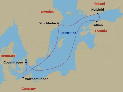 Route map: Copenhagen Denmark → Warnemunde (Berlin) Germany → Stockholm Sweden → Helsinki Finland → Tallin Estonia → Copenhagen Denmark