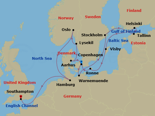 Route map: Copenhagen → Berlin/Warnemunde → Stockholm → Tallinn → Helsinki → Visby (Gotland) → Ronne → Copenhagen → Aarhus → Lysekil(Gotaland)