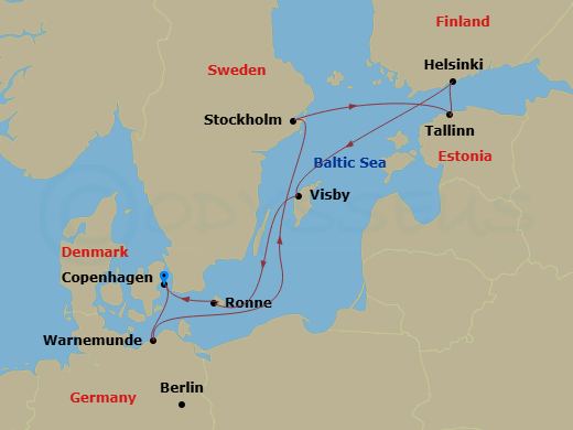 Route map: Copenhagen → Berlin/Warnemunde → Stockholm → Tallinn → Helsinki → Visby (Gotland) → Ronne → Copenhagen