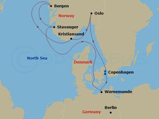 Route map: Copenhagen Denmark → Warnemunde (Berlin) Germany → Stavanger (Lysefijord) Norway → Bergen Norway → Kristiansand Norway → Oslo Norway → Copenhagen Denmark