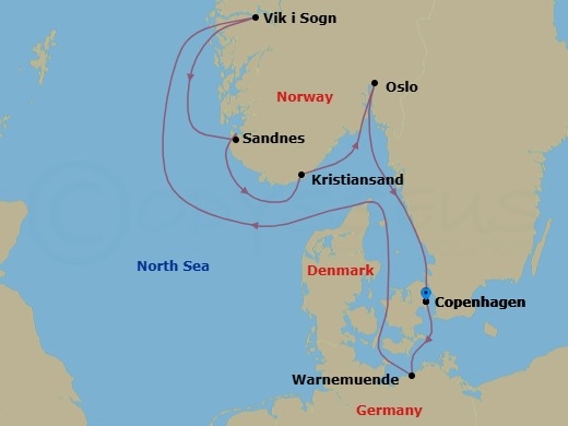Route map: Copenhagen Denmark → Warnemunde (Berlin) Germany → Vik i Sogn Norway → Sandnes Norway → Kristiansand Norway → Oslo Norway → Copenhagen Denmark
