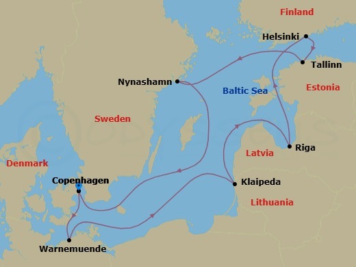 Route map: Copenhagen, Denmark → Warnemunde  Berlin, Germany → Klaipeda, Lithuania → Riga, Latvia → Helsinki, Finland → Tallinn, Estonia → Nynashamn  Stockholm, Sweden → Copenhagen, Denmark