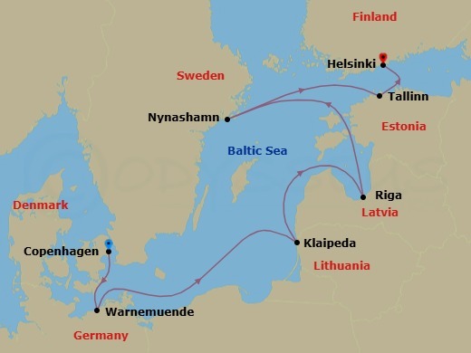 Route map: Copenhagen, Denmark → Warnemunde  Berlin, Germany → Klaipeda, Lithuania → Riga, Latvia → Nynashamn  Stockholm, Sweden → Tallinn, Estonia → Helsinki, Finland