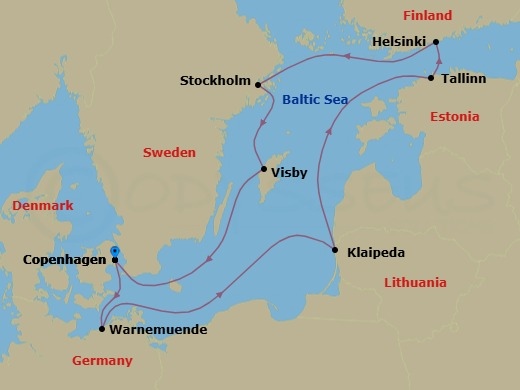 Route map: Copenhagen Denmark → Warnemunde (Berlin) Germany → Klaipeda Lithuania → Tallin Estonia → Helsinki Finland → Stockholm Sweden → Visby Sweden → Copenhagen Denmark