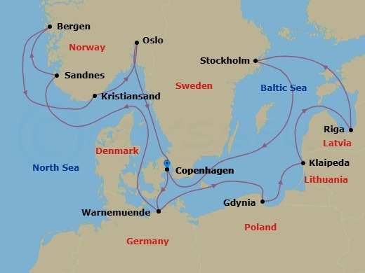 Route map: Copenhagen Denmark → Warnemunde (Berlin) Germany → Sandnes Norway → Bergen Norway → Kristiansand Norway → Oslo Norway → Copenhagen Denmark → Warnemunde (Berlin) Germany → Gdynia (Gdansk-Danzig) Poland → Klaipeda Lithuania