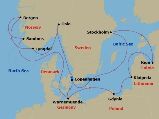 Route map: Copenhagen Denmark → Warnemunde (Berlin) Germany → Sandnes Norway → Bergen Norway → Lyngdal Norway → Oslo Norway → Copenhagen Denmark → Warnemunde (Berlin) Germany → Gdynia (Gdansk-Danzig) Poland → Klaipeda Lithuania