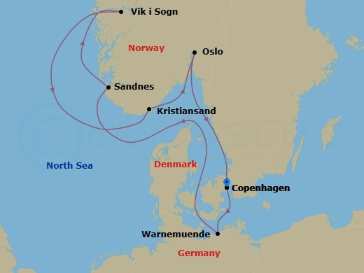 Route map: Copenhagen Denmark → Warnemunde (Berlin) Germany → Sandnes Norway → Vik i Sogn Norway → Kristiansand Norway → Oslo Norway → Copenhagen Denmark