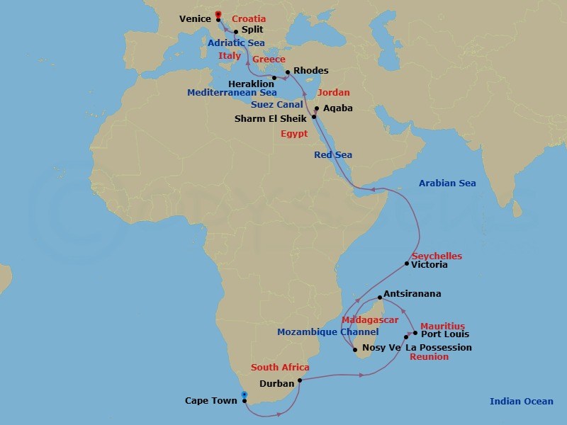 Route map: Cape Town → Durban → Port Louis Ilhas MaurAcias → Port Louis → Antsiranana (Diego Suarez) Madagascar → Nosy Ve → Victoria → Aqaba → Sharm El Sheik → Suez Canal