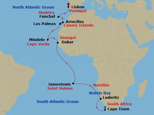 Route map: Cape Town, South Africa → Luderitz, Namibia → Walvis Bay, Namibia → Jamestown, St Helena, Ascension & Tristan Da Cunha → Crossing the Equator → Dakar, Senegal → Mindelo, Cabo Verde → Las Palmas, Gran Canaria, Canary Islands, Spain → Arrecife, Lanzarote, Canary Islands, Spain → Funchal (Madeira), Portugal