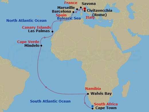 Route map: Cape Town → Walvis Bay → Mindelo (Sao Vicente) → Las Palmas (Gran Canaria) → Barcelona → Marseille → Savona → Civitavecchia (Rome)