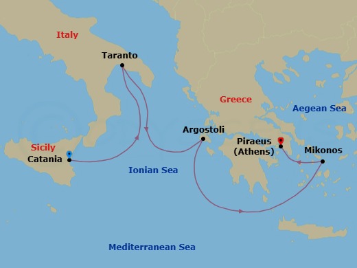 Route map: Catania → Taranto → Argostoli (Kefalonia) → Mykonos → Piraeus (Athens)