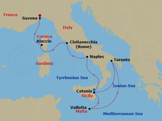 Route map: Catania (Sicily) → Etna Skyline → Taranto (Italy) → La Valletta (Malta) → Catania (Sicily) → Naples (Italy) → Civitavecchia | Rome → Ajaccio (Corsica) → Savona (Italy)