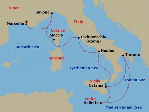Route map: Catania → Taranto → Valletta → Catania → Naples → Rome (Civitavecchia) → Alaccio → Savona → Marseille