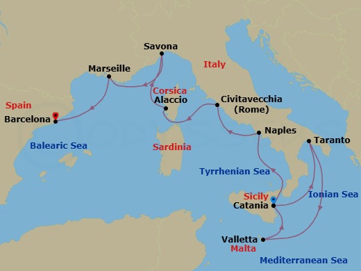 Route map: Catania → Taranto → Valletta → Catania → Naples → Rome (Civitavecchia) → Alaccio → Savona → Marseille → Barcelona
