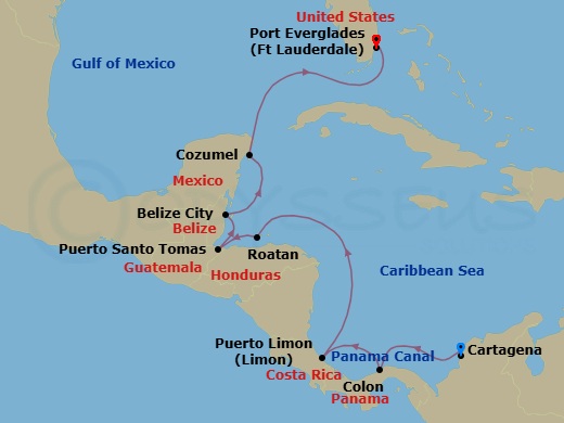 Route map: Cartagena → Colon → Puerto Limon → Roatan Island → Santo Tomas → Belize City → Cozumel Quintana Roo → Fort Lauderdale