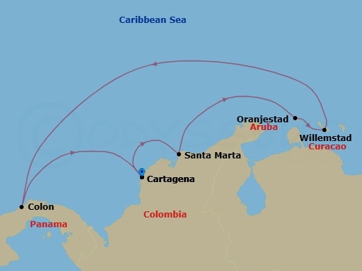 Route map: Cartagena, Colombia → Santa Marta, Colombia → Oranjestad, Aruba → Willemstad, Curacao → Colon, Panama → Cartagena, Colombia