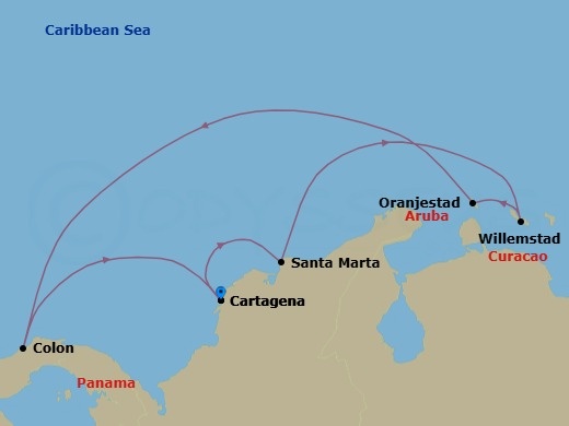 Route map: Cartagena, Colombia → Santa Marta, Colombia → Willemstad, Curacao → Oranjestad, Aruba → Colon, Panama → Cartagena, Colombia