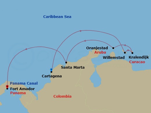 Route map: Cartagena → Willemstad → Kralendijk → Oranjestad, Aruba → Santa Marta → Panama Canal Transit → Fuerte Amador (Panama City)