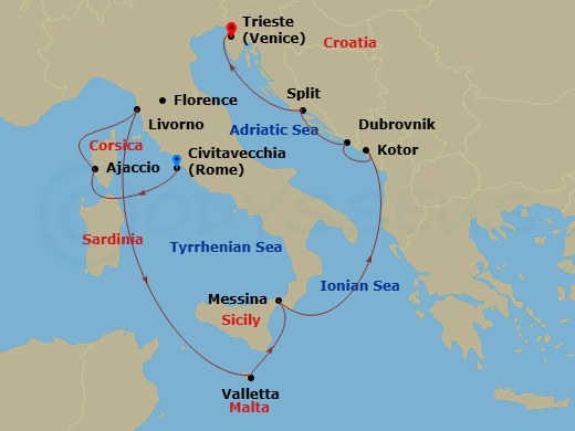 Route map: Civitavecchia (for Rome), Italy → Corsica (Ajaccio), France → Livorno (for Florence/Pisa), Italy → Valletta, Malta → Sicily (Messina), Italy → Kotor, Montenegro → Dubrovnik, Croatia → Split, Croatia → Trieste (for Venice), Italy
